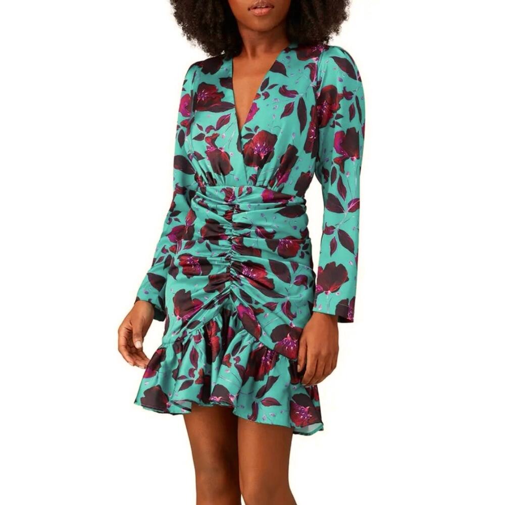 Delfi Collective Toni Teal Green Purple Ruched Skirt Satin Mini Dress M $495